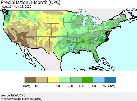 United States Precipitation 3-Month (CPC) Thematic Map For 8/16/2020 - 11/15/2020