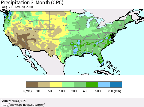 United States Precipitation 3-Month (CPC) Thematic Map For 8/21/2020 - 11/20/2020