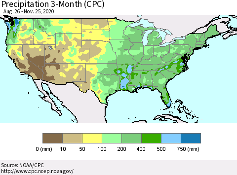 United States Precipitation 3-Month (CPC) Thematic Map For 8/26/2020 - 11/25/2020