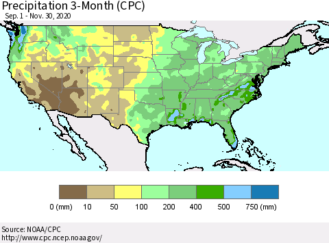 United States Precipitation 3-Month (CPC) Thematic Map For 9/1/2020 - 11/30/2020