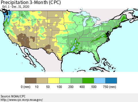 United States Precipitation 3-Month (CPC) Thematic Map For 10/1/2020 - 12/31/2020