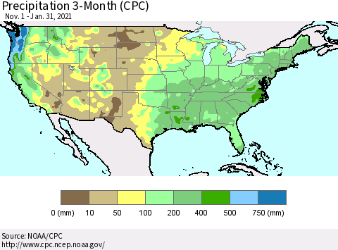 United States Precipitation 3-Month (CPC) Thematic Map For 11/1/2020 - 1/31/2021
