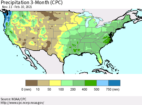 United States Precipitation 3-Month (CPC) Thematic Map For 11/11/2020 - 2/10/2021