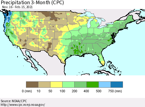 United States Precipitation 3-Month (CPC) Thematic Map For 11/16/2020 - 2/15/2021