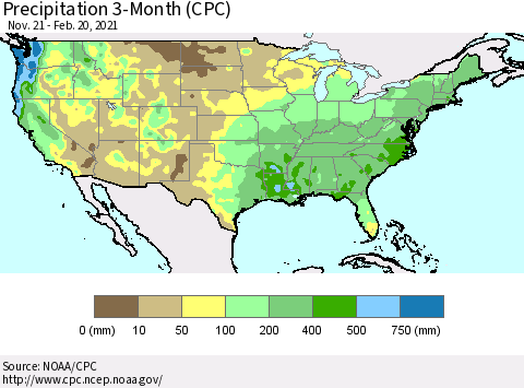 United States Precipitation 3-Month (CPC) Thematic Map For 11/21/2020 - 2/20/2021
