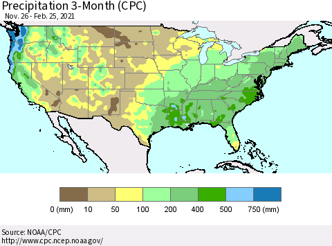 United States Precipitation 3-Month (CPC) Thematic Map For 11/26/2020 - 2/25/2021