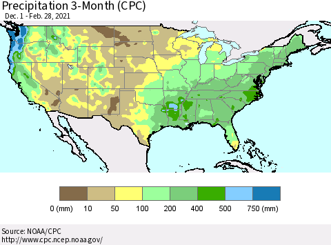 United States Precipitation 3-Month (CPC) Thematic Map For 12/1/2020 - 2/28/2021