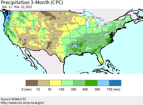 United States Precipitation 3-Month (CPC) Thematic Map For 12/11/2020 - 3/10/2021