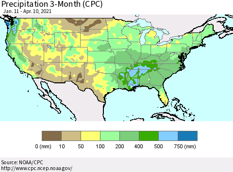 United States Precipitation 3-Month (CPC) Thematic Map For 1/11/2021 - 4/10/2021