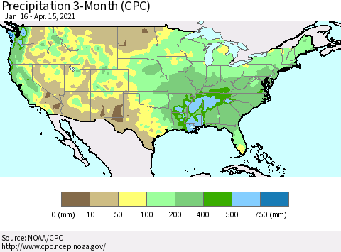 United States Precipitation 3-Month (CPC) Thematic Map For 1/16/2021 - 4/15/2021
