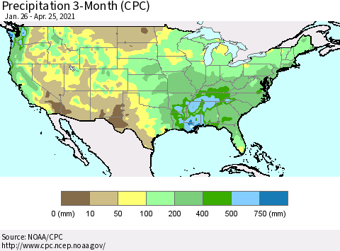United States Precipitation 3-Month (CPC) Thematic Map For 1/26/2021 - 4/25/2021