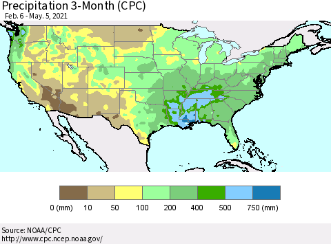 United States Precipitation 3-Month (CPC) Thematic Map For 2/6/2021 - 5/5/2021