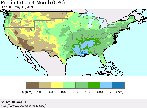United States Precipitation 3-Month (CPC) Thematic Map For 2/16/2021 - 5/15/2021