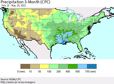 United States Precipitation 3-Month (CPC) Thematic Map For 2/21/2021 - 5/20/2021