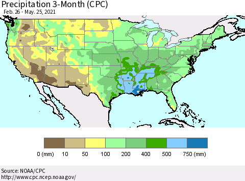 United States Precipitation 3-Month (CPC) Thematic Map For 2/26/2021 - 5/25/2021