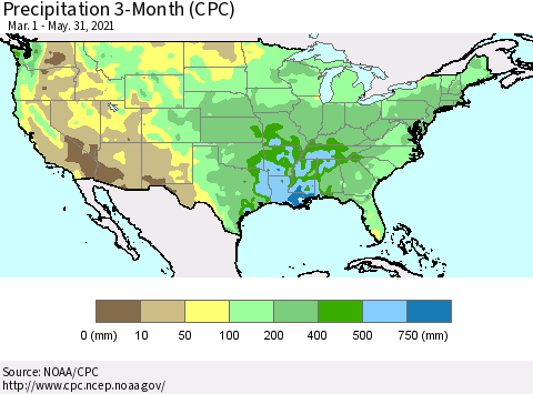 United States Precipitation 3-Month (CPC) Thematic Map For 3/1/2021 - 5/31/2021