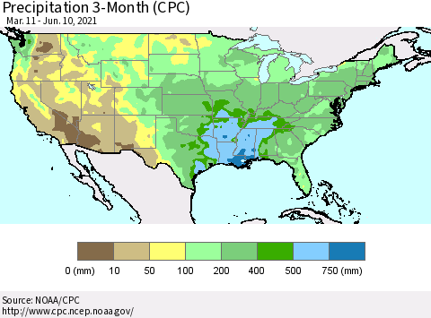 United States Precipitation 3-Month (CPC) Thematic Map For 3/11/2021 - 6/10/2021