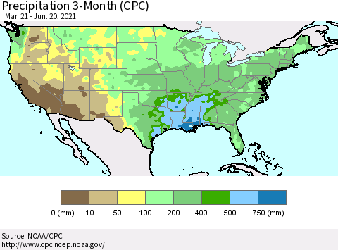 United States Precipitation 3-Month (CPC) Thematic Map For 3/21/2021 - 6/20/2021