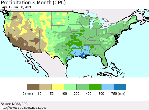 United States Precipitation 3-Month (CPC) Thematic Map For 4/1/2021 - 6/30/2021