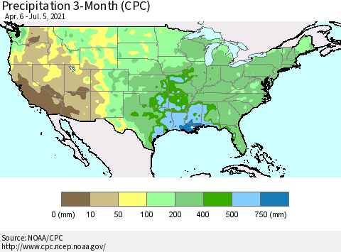 United States Precipitation 3-Month (CPC) Thematic Map For 4/6/2021 - 7/5/2021