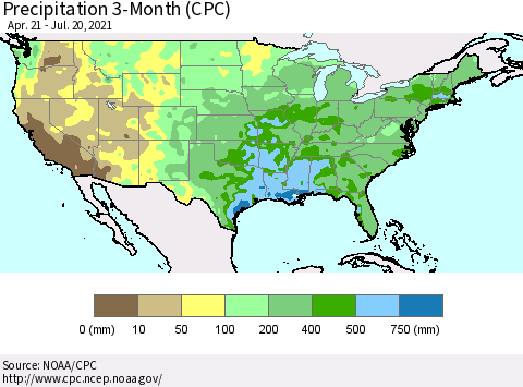 United States Precipitation 3-Month (CPC) Thematic Map For 4/21/2021 - 7/20/2021