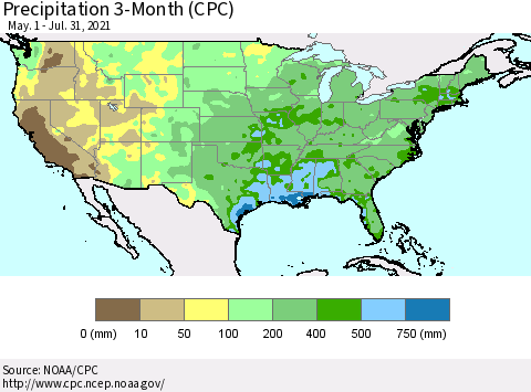 United States Precipitation 3-Month (CPC) Thematic Map For 5/1/2021 - 7/31/2021