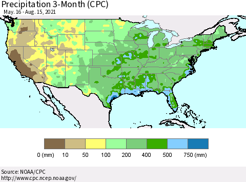 United States Precipitation 3-Month (CPC) Thematic Map For 5/16/2021 - 8/15/2021
