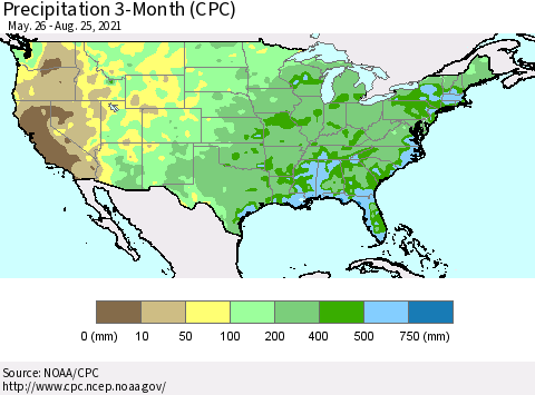 United States Precipitation 3-Month (CPC) Thematic Map For 5/26/2021 - 8/25/2021