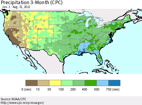 United States Precipitation 3-Month (CPC) Thematic Map For 6/1/2021 - 8/31/2021