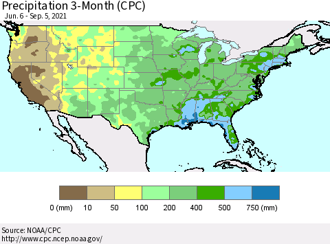 United States Precipitation 3-Month (CPC) Thematic Map For 6/6/2021 - 9/5/2021