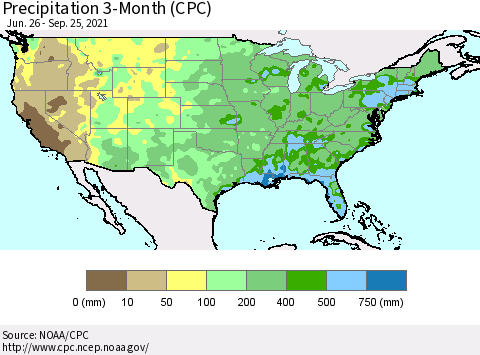 United States Precipitation 3-Month (CPC) Thematic Map For 6/26/2021 - 9/25/2021