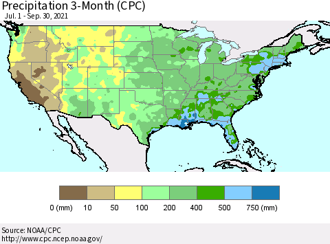 United States Precipitation 3-Month (CPC) Thematic Map For 7/1/2021 - 9/30/2021