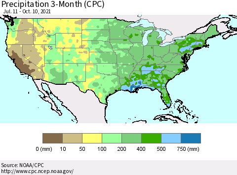 United States Precipitation 3-Month (CPC) Thematic Map For 7/11/2021 - 10/10/2021