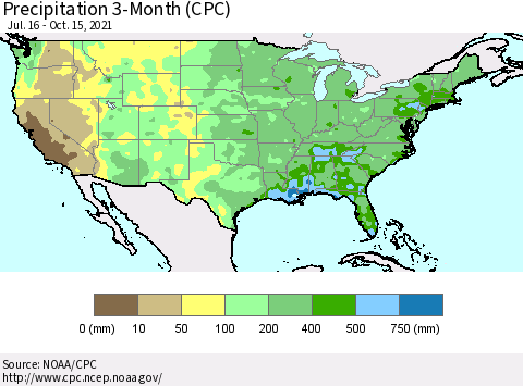 United States Precipitation 3-Month (CPC) Thematic Map For 7/16/2021 - 10/15/2021