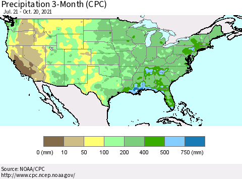 United States Precipitation 3-Month (CPC) Thematic Map For 7/21/2021 - 10/20/2021