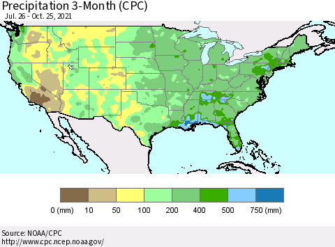 United States Precipitation 3-Month (CPC) Thematic Map For 7/26/2021 - 10/25/2021