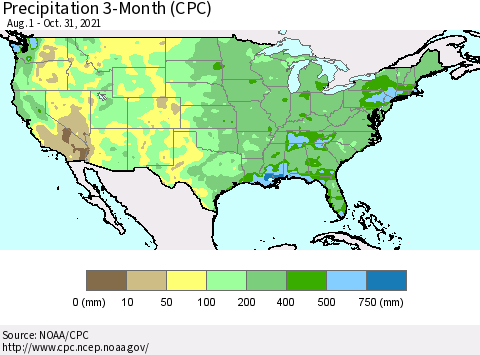 United States Precipitation 3-Month (CPC) Thematic Map For 8/1/2021 - 10/31/2021
