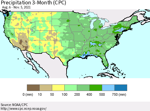 United States Precipitation 3-Month (CPC) Thematic Map For 8/6/2021 - 11/5/2021