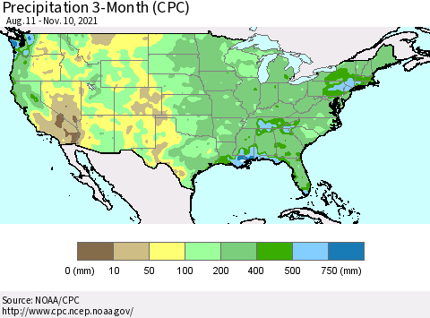 United States Precipitation 3-Month (CPC) Thematic Map For 8/11/2021 - 11/10/2021