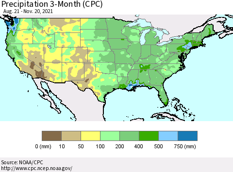 United States Precipitation 3-Month (CPC) Thematic Map For 8/21/2021 - 11/20/2021