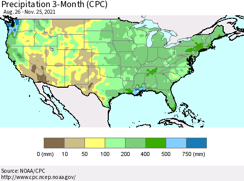 United States Precipitation 3-Month (CPC) Thematic Map For 8/26/2021 - 11/25/2021