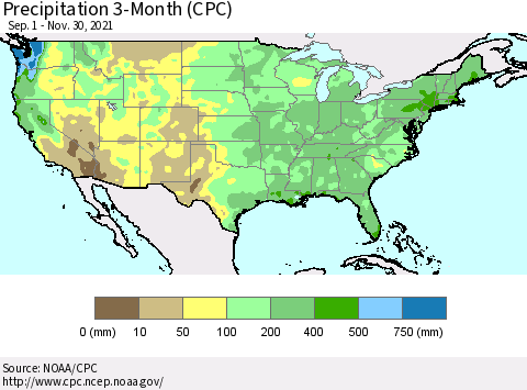 United States Precipitation 3-Month (CPC) Thematic Map For 9/1/2021 - 11/30/2021