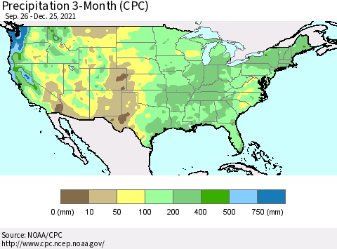 United States Precipitation 3-Month (CPC) Thematic Map For 9/26/2021 - 12/25/2021