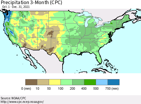 United States Precipitation 3-Month (CPC) Thematic Map For 10/1/2021 - 12/31/2021