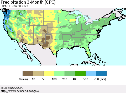 United States Precipitation 3-Month (CPC) Thematic Map For 10/11/2021 - 1/10/2022