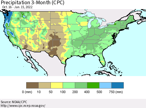 United States Precipitation 3-Month (CPC) Thematic Map For 10/16/2021 - 1/15/2022