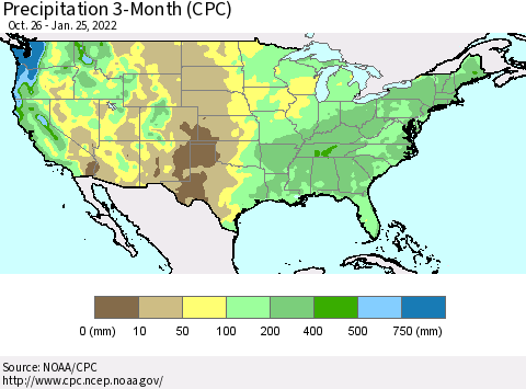 United States Precipitation 3-Month (CPC) Thematic Map For 10/26/2021 - 1/25/2022