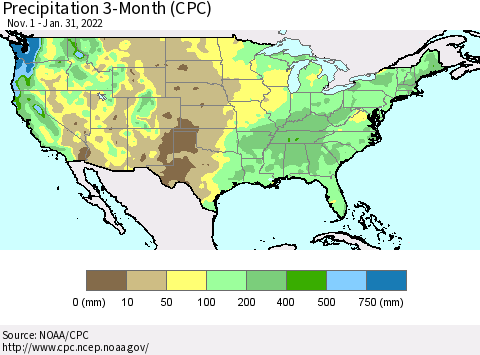 United States Precipitation 3-Month (CPC) Thematic Map For 11/1/2021 - 1/31/2022