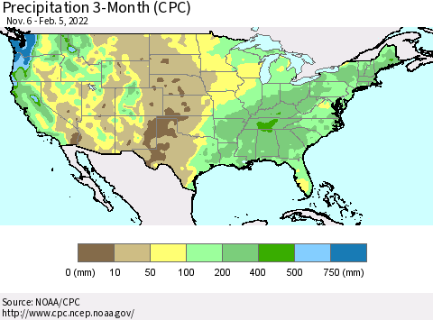 United States Precipitation 3-Month (CPC) Thematic Map For 11/6/2021 - 2/5/2022