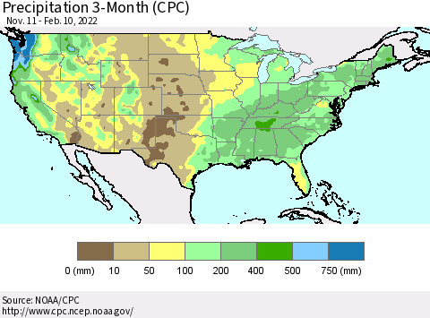 United States Precipitation 3-Month (CPC) Thematic Map For 11/11/2021 - 2/10/2022